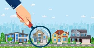 Magnifying glass with house. Real estate concept. Search for home. Vector illustration in flat style