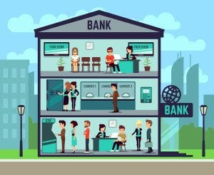 Bank building with people and bank employees in the offices. banking and finance vector concept. Interior of building bank, illustration of department bank
