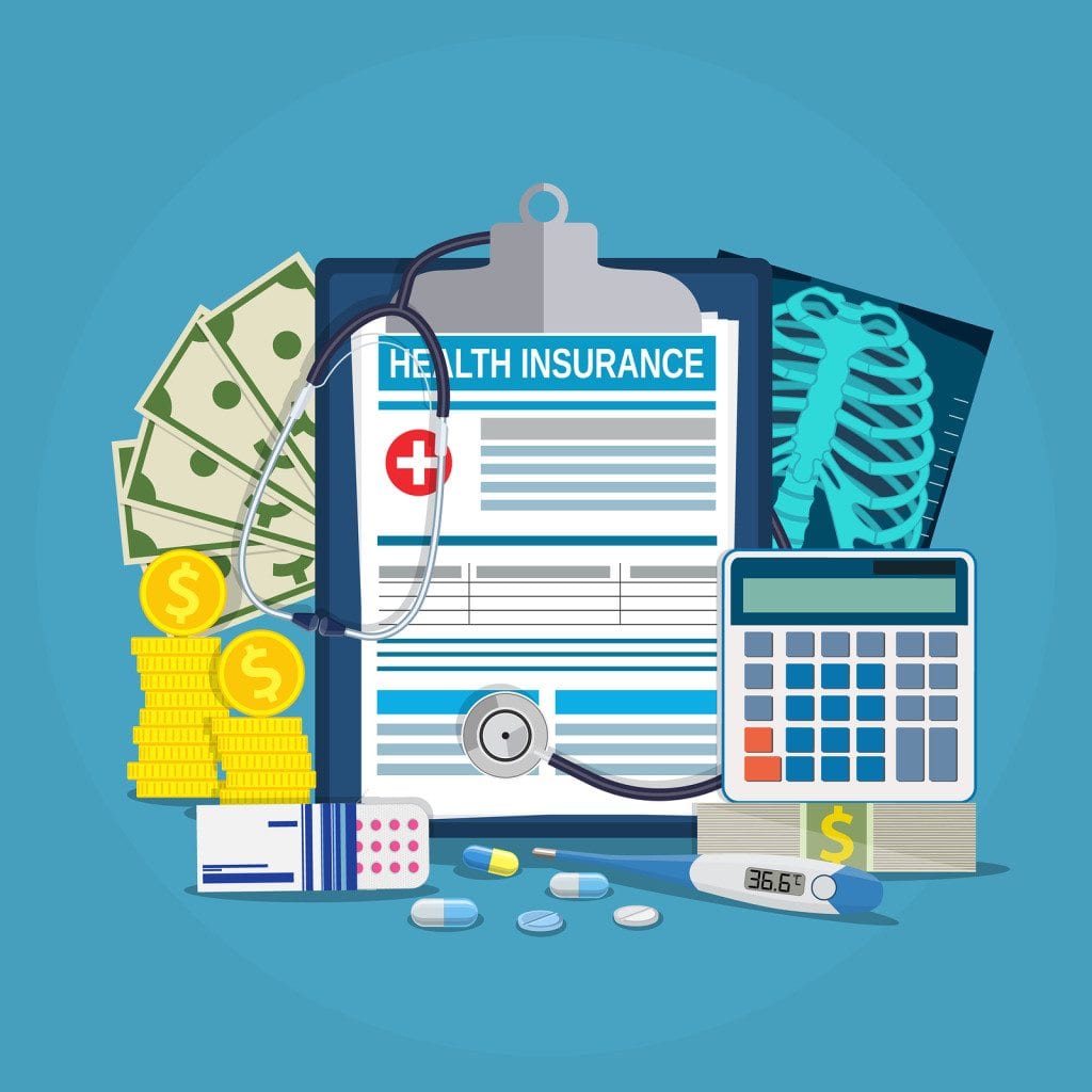 Health insurance calculation concept. Stethoscope, drugs, money, calculator, thermometer, x-ray .Vector illustration in flat style.