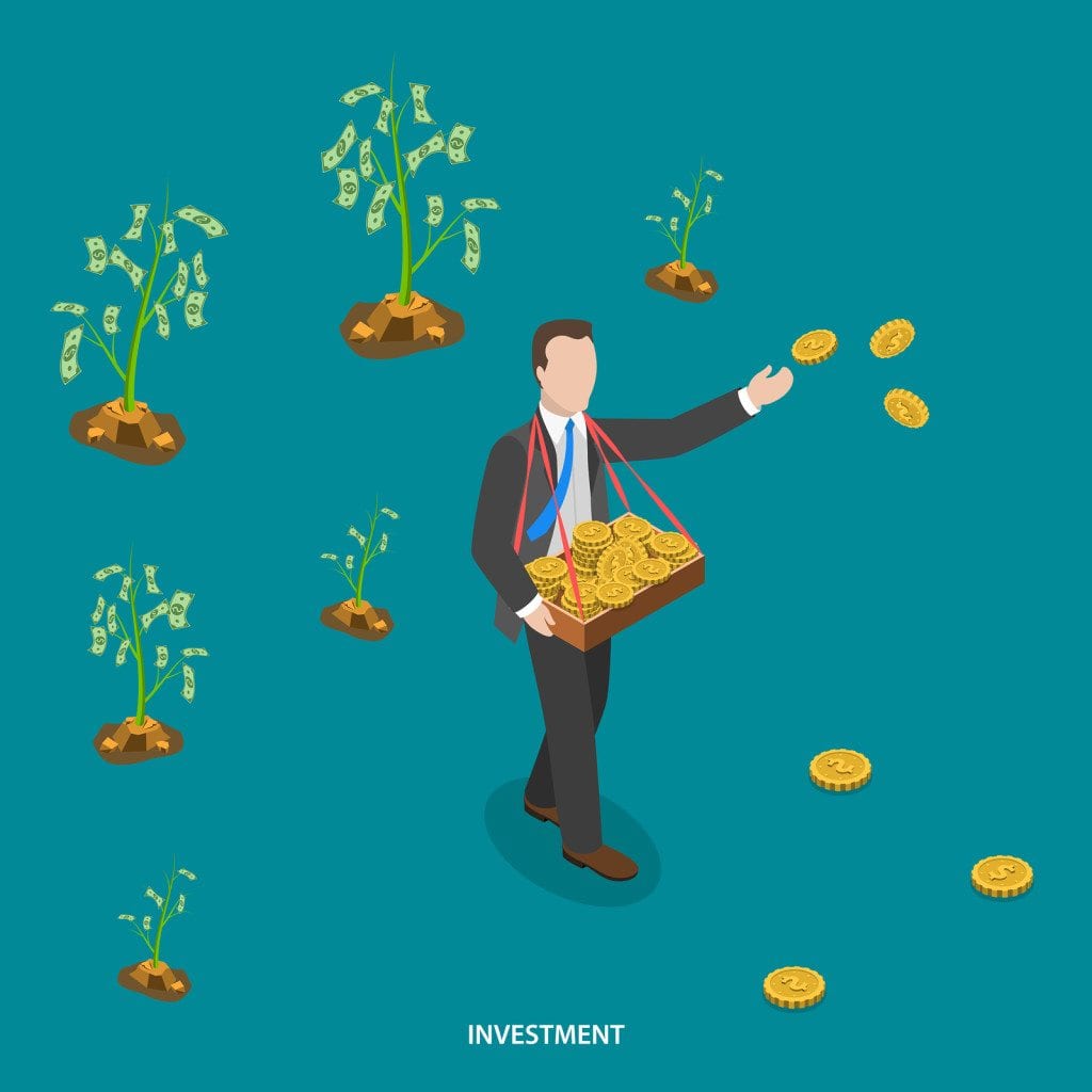 Investment isometric flat vector concept. Man is walking and sowing coins to grow money trees. Making investments, business growing, crowdfunding, financial strategy.
