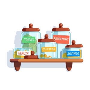 Coins and money in glass jars with labeled savings standing on the shelf. Modern flat style concept vector illustration isolated on white background.