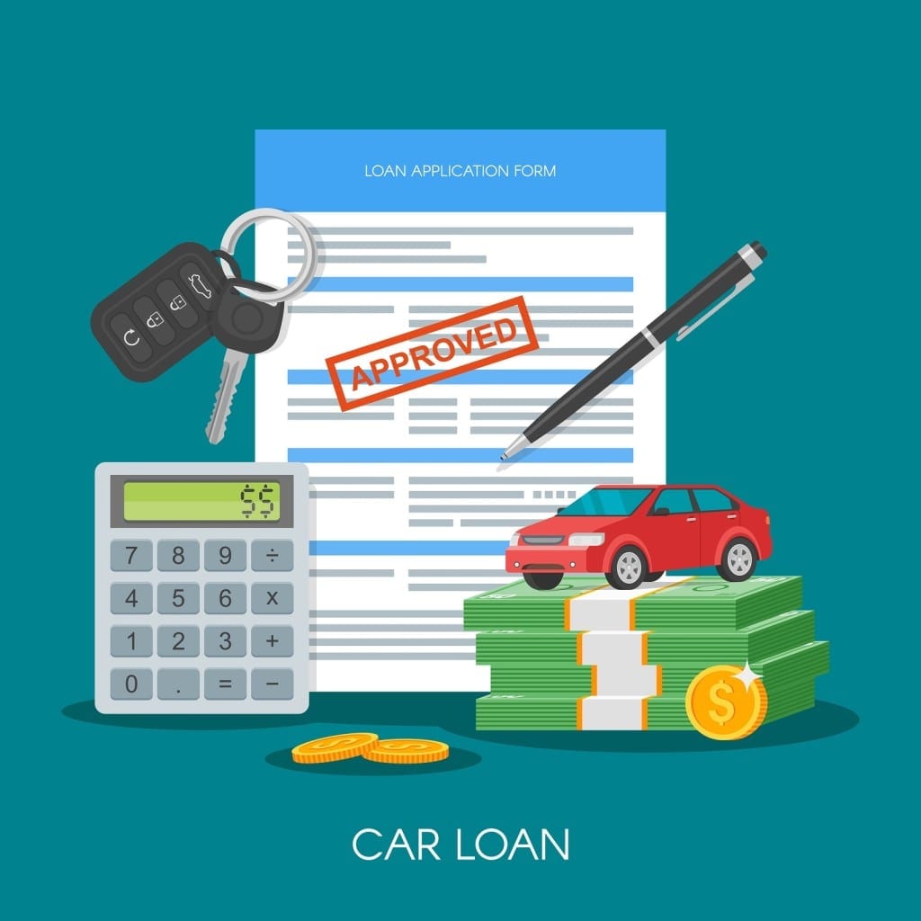 Approved car loan vector illustration. Buying car concept. Auto keys, car model, money, application form.